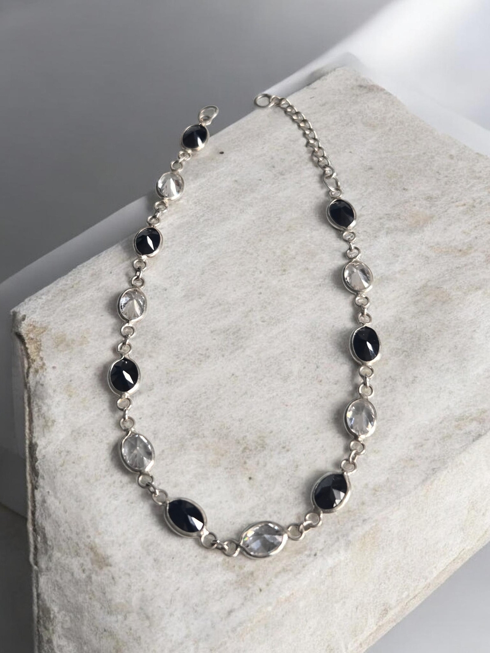 Sterling Silver Black and Clear Stone Station Necklace